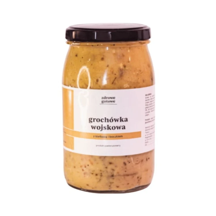 Grochówka wojskowa z kiełbasą i boczkiem Zdrowe Gotowe 900 ml Grochówka wojskowa z kiełbasą i boczkiem 900 ml – treściwa, domowa zupa na wędzonce, gotowa do podgrzania, bez sztucznych konserwantów 