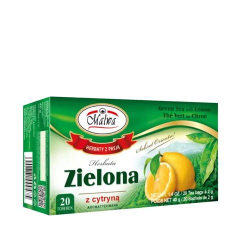 Herbata Zielona z cytrynHerbata zielona z cytryną Malwa (20 torebek) to delikatny, orzeźwiający napar łączący korzyści zielonej herbaty z cytrynowym aromatem.