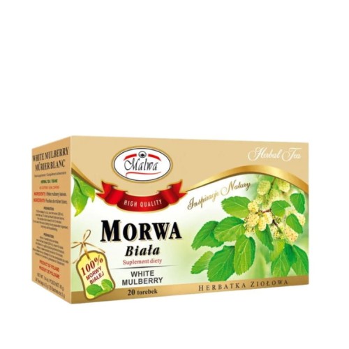 Morwa biała — suplement diety Malwa, 20 torebek. Wspiera kontrolę poziomu cukru, korzystna dla metabolizmu węglowodanów. Naturalny ekstrakt, wygodne saszetki. Kup online.