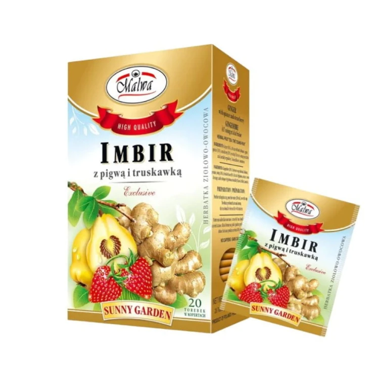 Herbatka imbir z pigwą i truskawką Malwa 20 torebek Herbatka imbirowa z pigwą i truskawką Malwa 20 torebek – aromatyczna herbata owocowo-ziołowa, rozgrzewająca i wspierająca odporność 