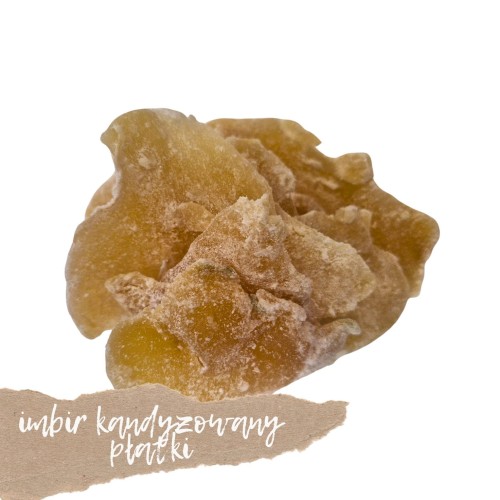 Imbir kandyzowany płatki Imbir kandyzowany w płatkach – aromatyczny, lekko pikantny i słodki, idealny jako przekąska oraz dodatek do herbaty i deserów 