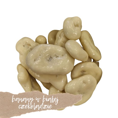 Banany w białej czekoladzie Banany suszone w białej czekoladzie – słodka, chrupiąca przekąska z owoców i delikatnej czekolady, idealna do kawy i na deser