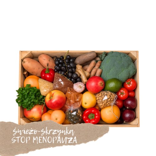 Skrzynka warzyw i owoców dla kobiet w menopauzie Skrzynka warzyw i owoców dopasowana dla kobiet w okresie menopauzy – zestaw produktów wspierających hormony, kości i odporność 