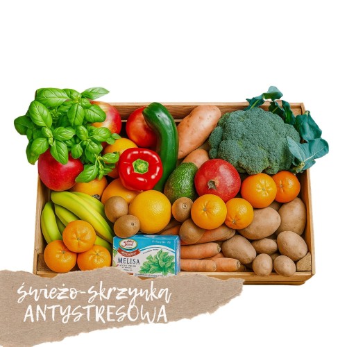 Box owoców i warzyw antystresowy Box owoców i warzyw antystresowy – zestaw świeżych produktów bogatych w magnez, witaminy i antyoksydanty, wspierających redukcję stresu i dobre samopoczucie 