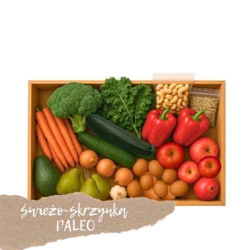 Skrzynka owoców i warzyw Paleo Skrzynka owoców i warzyw Paleo – zestaw świeżych, naturalnych produktów zgodnych z dietą paleo, bogatych w witaminy i antyoksydanty