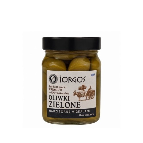 Oliwki zielone nadziewane migdałami IORGOS 350 g Oliwki zielone nadziewane migdałami IORGOS 350 g – greckie oliwki premium z chrupiącym migdałem, idealne do sałatek i przekąse