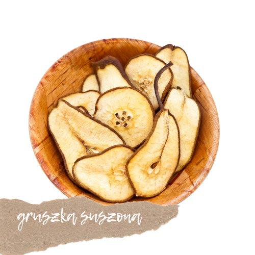 Gruszka suszona bez dodatku cukru Gruszka suszona naturalnie – bez dodatku cukru, aromatyczna i słodka z natury, idealna jako zdrowa przekąska i dodatek do musli 