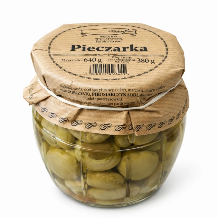 Pieczarki marynowane Kosz Natury 640 g — chrupkie i aromatyczne grzybki w delikatnej zalewie. Idealne do sałatek, kanapek i przekąsek.